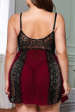 Burgundy Fashion Plus Size Patchwork See-through Backless V Neck Sling Nightdress