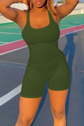 Army Green Casual Sportswear Solid Patchwork U Neck Regular Rompers