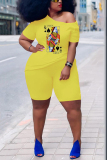 Black Yellow Fashion Casual Print Basic Boat Neck Short Sleeve Plus Size Two Pieces