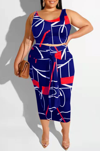 Deep Blue Sexy Print Patchwork O Neck Pencil Skirt Plus Size Two Pieces