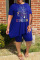 Blue Casual Print Patchwork O Neck Plus Size Two Pieces