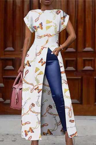 White Fashion Casual Print Patchwork Slit O Neck Short Sleeve Dress Dresses