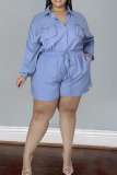 Blue Casual Solid Patchwork Buckle Turndown Collar Plus Size Jumpsuits