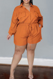 Tangerine Red Casual Solid Patchwork Buckle Turndown Collar Plus Size Jumpsuits
