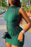 Green Sexy Solid Bandage Hollowed Out Patchwork Half A Turtleneck Pencil Skirt Dresses