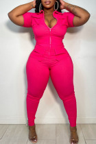 Rose Red Casual Solid Split Joint Zipper Collar Plus Size Jumpsuits