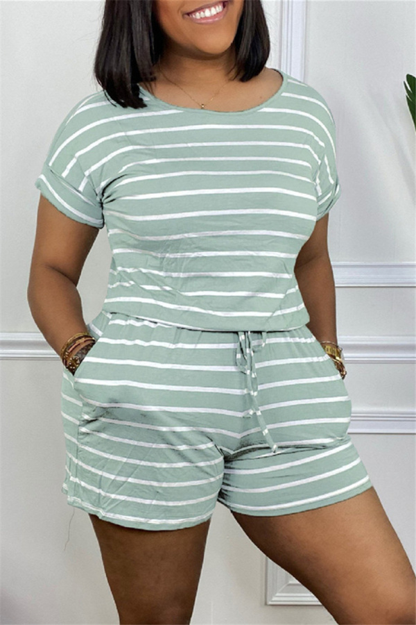 Green Fashion Casual Striped Print Basic O Neck Regular Jumpsuits