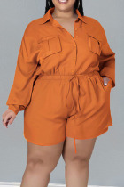 Tangerine Red Casual Solid Split Joint Buckle Turndown Collar Plus Size Jumpsuits