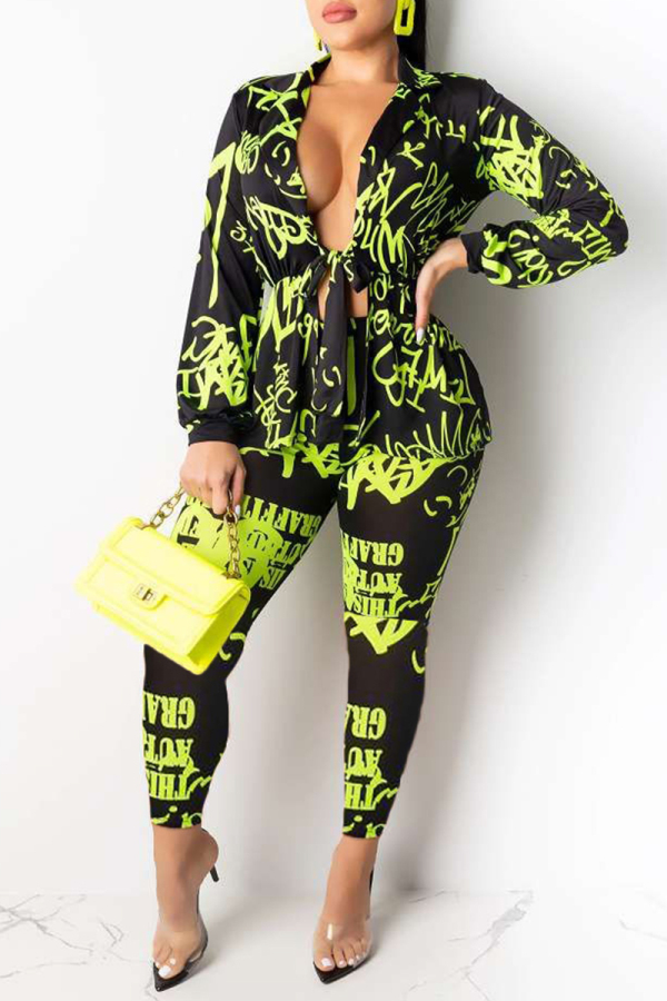 Green Sexy Letter Two Piece Suits Print pencil Long Sleeve Two-piece Pants Set