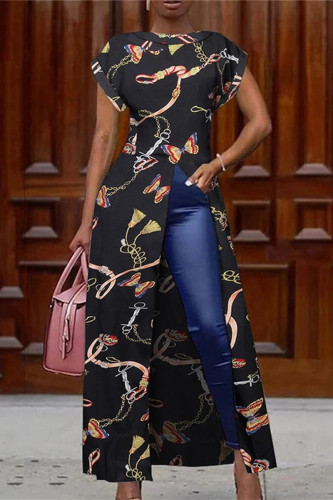 Black Fashion Casual Print Patchwork Slit O Neck Short Sleeve Dress Dresses