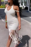 White Fashion Solid Tassel Halter Pencil Skirt Dresses