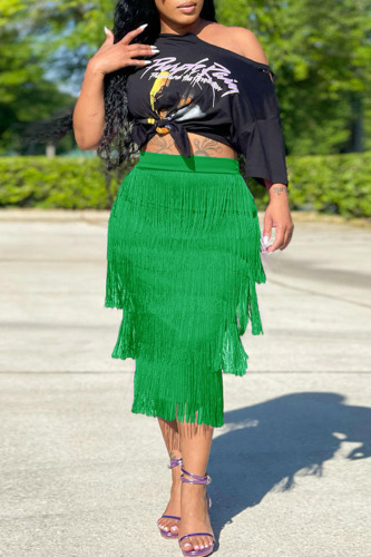 Green Casual Print Tassel Patchwork O Neck Short Sleeve Two Pieces