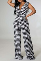 Black White Casual Print Split Joint With Belt V Neck Straight Jumpsuits(Contain The Belt)