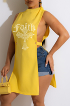 Yellow Sexy Patchwork Hot Drill O Neck Tops
