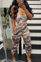 Camouflage Sexy Camouflage Print Split Joint Spaghetti Strap Harlan Jumpsuits