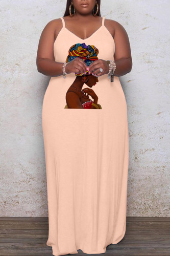 Apricot Casual Print Patchwork Spaghetti Strap Sling Dress Plus Size Dresses
