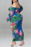 Blue Fashion Sexy Print Hollowed Out Backless Halter Long Sleeve Plus Size Dresses