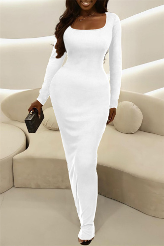 White Fashion Casual Solid Basic Square Collar Long Sleeve Dresses