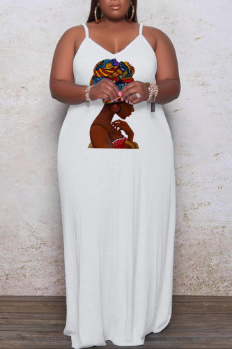 White Casual Print Patchwork Spaghetti Strap Sling Dress Plus Size Dresses