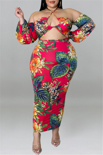 Red Fashion Sexy Print Hollowed Out Backless Halter Long Sleeve Plus Size Dresses