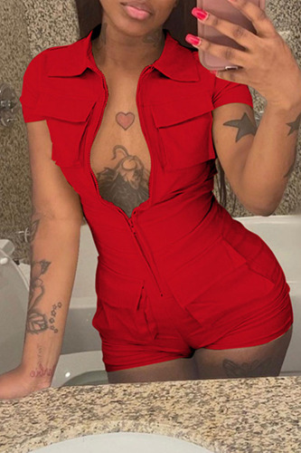Red Casual Solid Patchwork Zipper Turndown Collar Regular Rompers