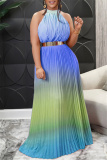 Light Blue Fashion Casual Gradual Change Print Backless Fold Half A Turtleneck Pleated Dresses (Without Belt)