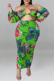 Green Fashion Sexy Print Hollowed Out Backless Halter Long Sleeve Plus Size Dresses