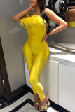 Yellow Sexy Solid Patchwork Feathers Strapless Regular Jumpsuits