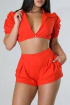 Tangerine Red Casual Solid Split Joint Buckle Fold Turndown Collar Short Sleeve Two Pieces