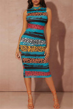 Apricot Fashion Casual Print Basic Half A Turtleneck Sleeveless Dress