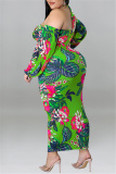 Green Fashion Sexy Print Hollowed Out Backless Halter Long Sleeve Plus Size Dresses