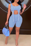 Blue Sexy Solid Patchwork Asymmetrical U Neck Two Pieces
