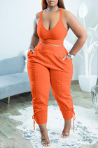 Tangerine Red Casual Solid Split Joint Spaghetti Strap Plus Size Two Pieces