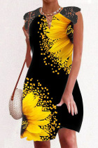 Black Yellow Casual Print Split Joint V Neck A Line Dresses