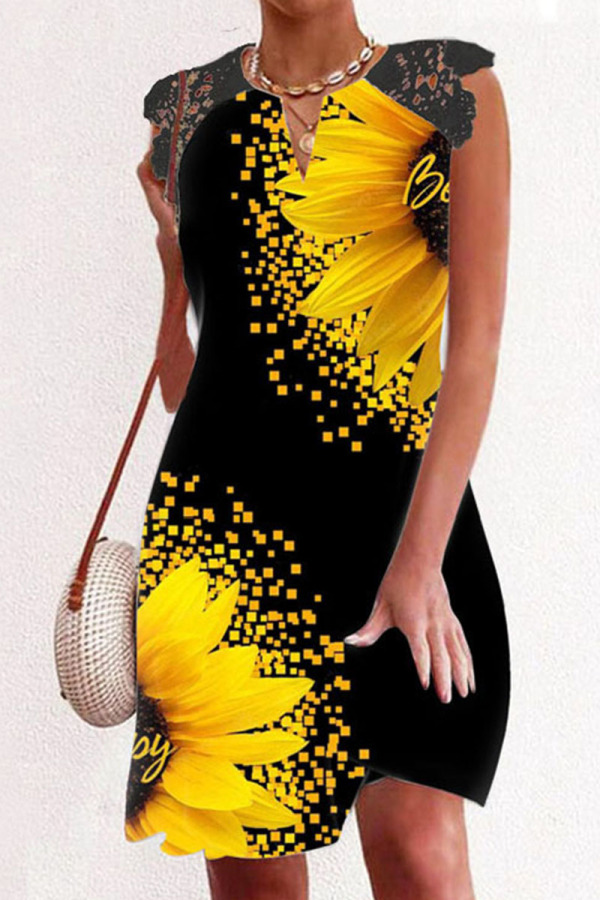 Black Yellow Casual Print Patchwork V Neck A Line Dresses