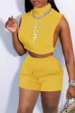 Yellow Sexy Solid Embroidered Hollowed Out Patchwork Turtleneck Sleeveless Two Pieces