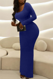 Deep Blue Fashion Casual Solid Basic Square Collar Long Sleeve Dresses