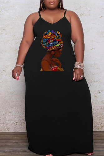 Black Casual Print Patchwork Spaghetti Strap Sling Dress Plus Size Dresses