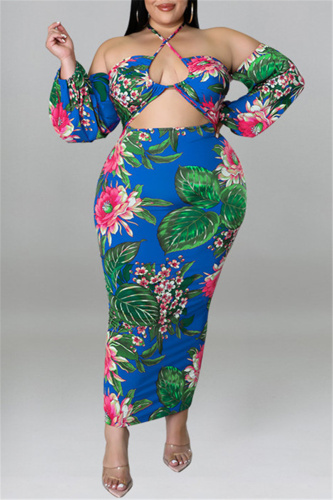 Blue Fashion Sexy Print Hollowed Out Backless Halter Long Sleeve Plus Size Dresses