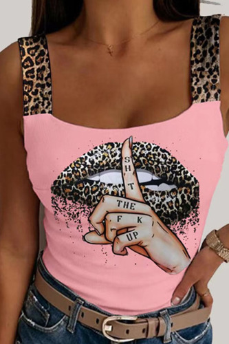 Pink Casual Print Patchwork Spaghetti Strap Tops