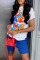 Blue Casual Street Print Patchwork O Neck Short Sleeve Two Pieces