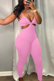 Pink Sexy Solid Hollowed Out Patchwork Spaghetti Strap Regular Jumpsuits