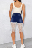 Deep Blue Fashion Casual Solid Tassel Patchwork High Waist Regular Denim Shorts