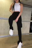 Black Fashion Casual Solid Slit Skinny High Waist Trousers
