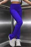 Blue Fashion Casual Solid Slit Skinny High Waist Trousers