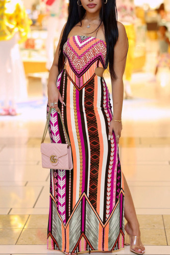 Orange Sexy Print Hollowed Out Patchwork Slit Strapless Straight Dresses