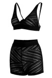 Black Fashion Sexy Solid Patchwork Tear Backless Spaghetti Strap Sleeveless Two Pieces