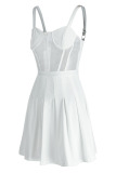 White Fashion Sexy Solid Patchwork See-through Backless Spaghetti Strap Pleated Dresses