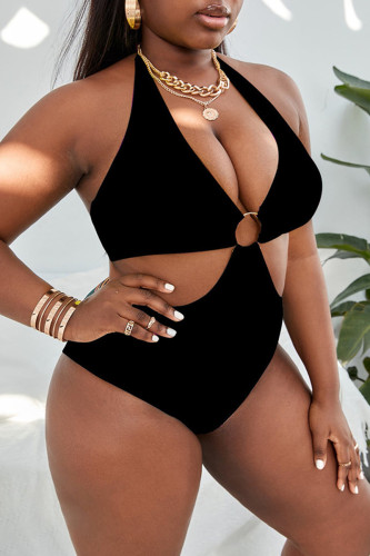 Black Fashion Sexy Print Patchwork Backless Halter Plus Size Swimwear (With Paddings)