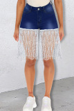 Deep Blue Fashion Casual Solid Tassel Patchwork High Waist Regular Denim Shorts